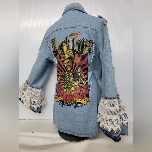 Rock Tour Jean Jacket with Lace Gypsy Bell Sleeves Upcycled Retro Rock Merc - Picture 5 of 14